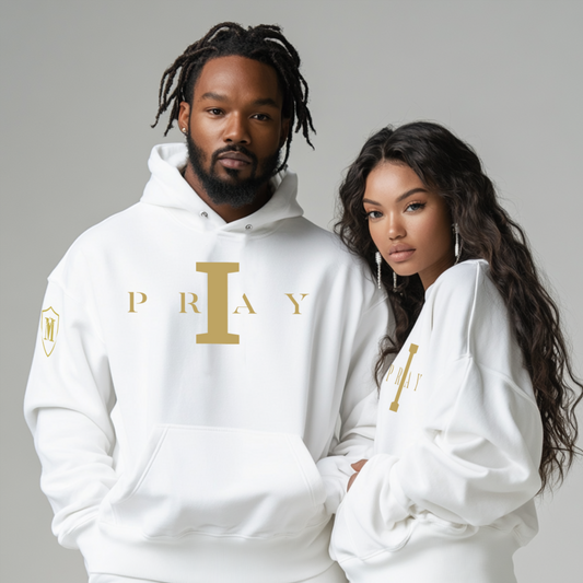 I Pray Hoodie (White/Metallic Gold)